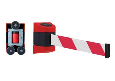 Wandkassette Tensabarrier, rot-schwarz – Magnetgriff, magnetisches Endstück, selbstaufwickelndes Band 4,6 | 7,7 | 9 m, rot-weiße Schraffur